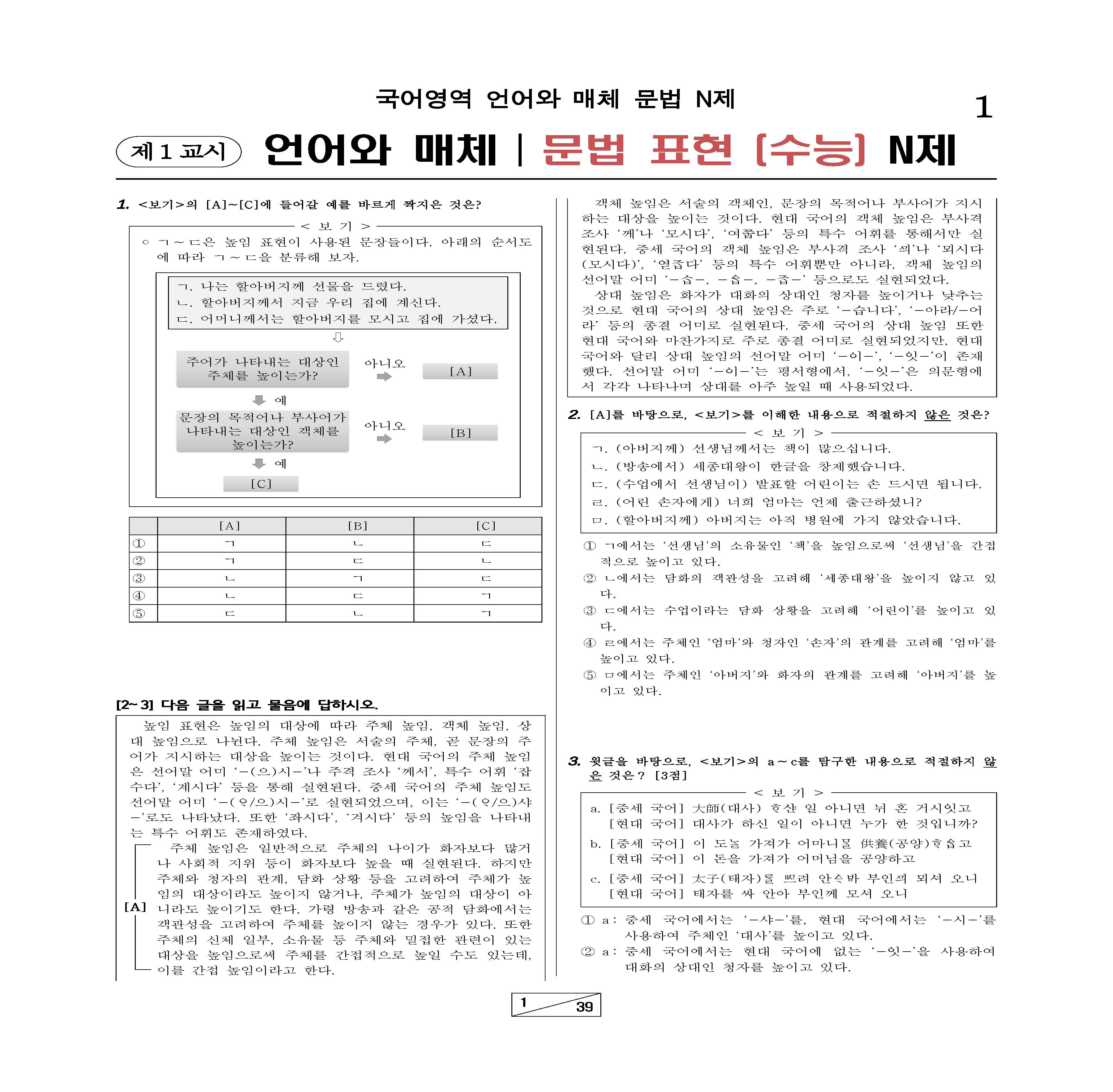 문법 언매 문법표현문제-피동-사동-높임-종결-인용-부정-시간표현-수능형 N제 문제