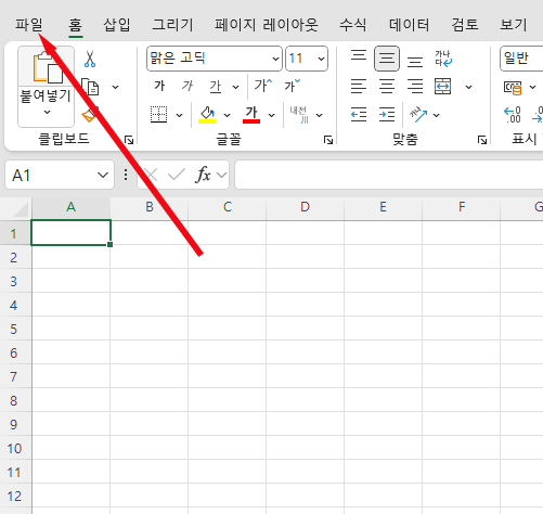 엑셀 파일 메뉴의 모습