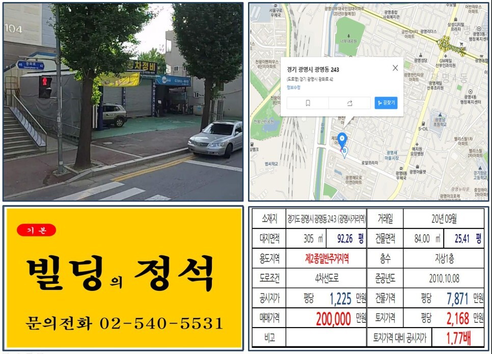  [경기도 광명시 광명뉴타운 20억 꼬마빌딩 실거래가 조회] 광명동 243 (광명사거리역) 20억 원, 평당 2,168만 원 매매되었습니다.