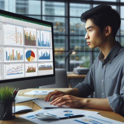 "사무실에서 다양한 그래프와 차트를 보고 분석하는 모습입니다."