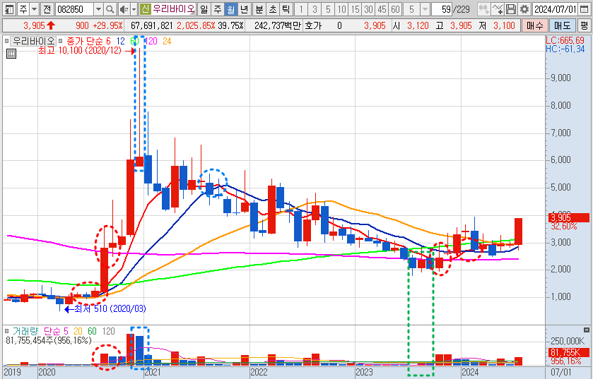 우리바이오 주가 월봉 차트 분석