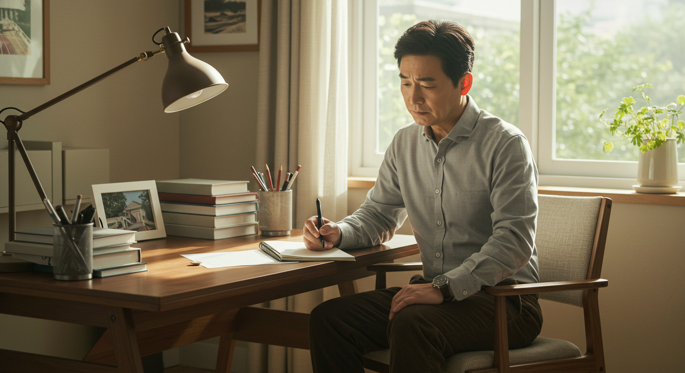 alt=&quot;글쓰기를 고민하는 남성&quot;
