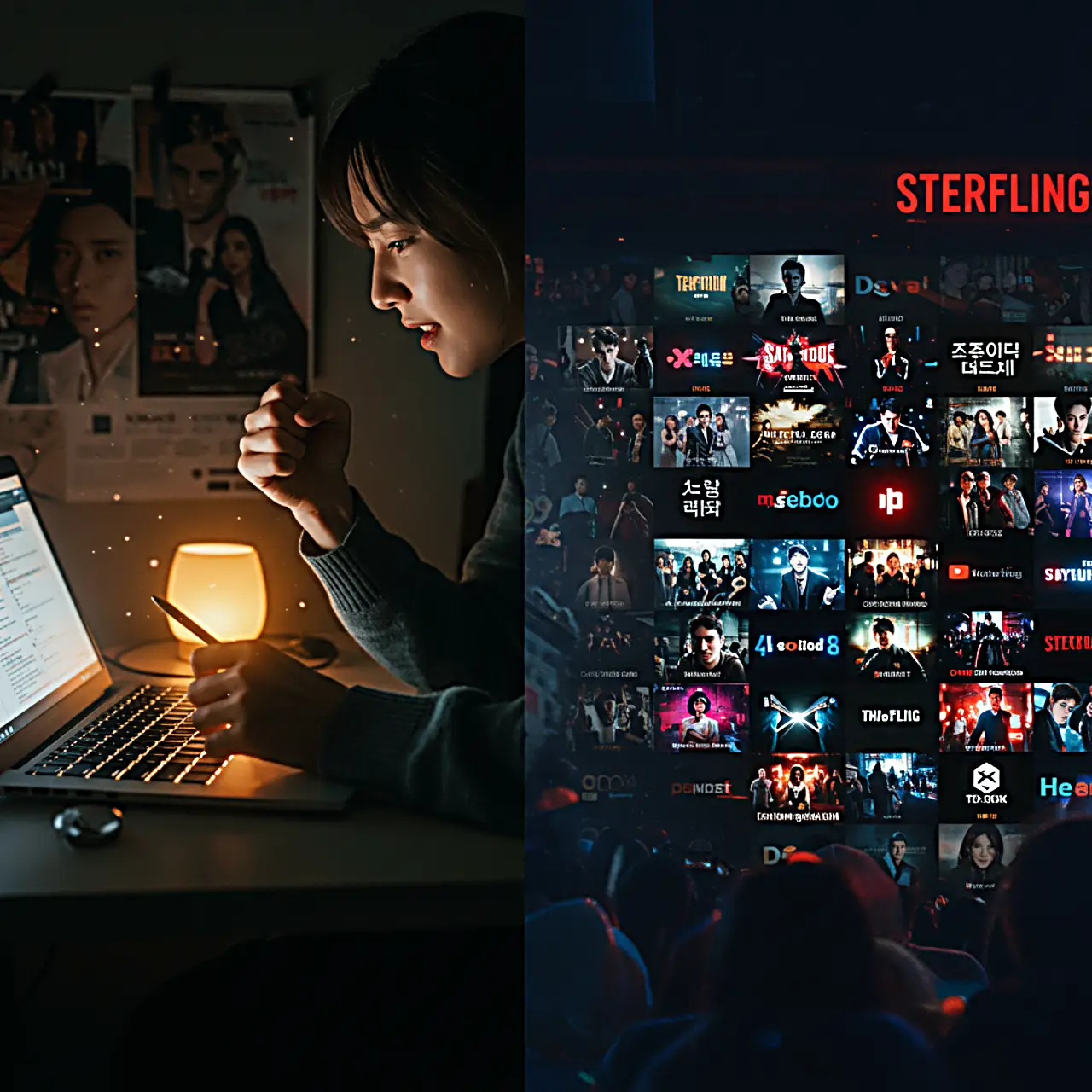 Split screen comparing past passionate late-night drama review writing with present-day YouTube drama summary thumbnails in the OTT era.