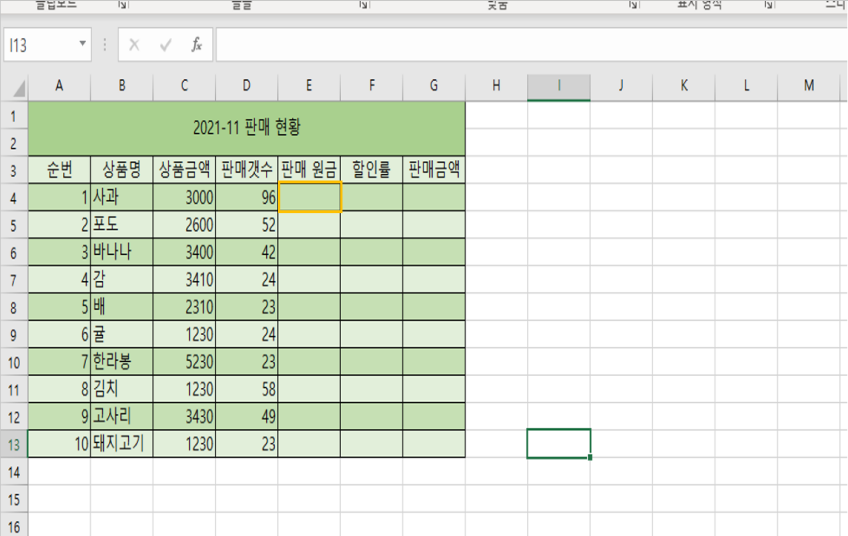 과일별 판매 현황을 집계하는 것을 가정한 엑셀 사진