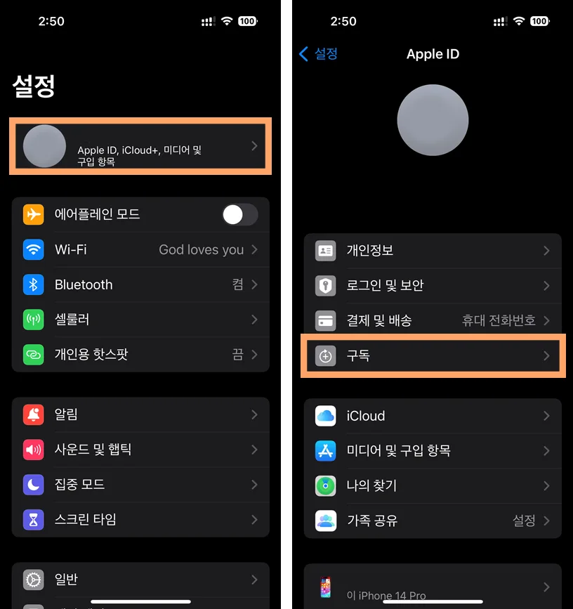 아이폰 설정에서 구독 메뉴로 들어가는 모습
