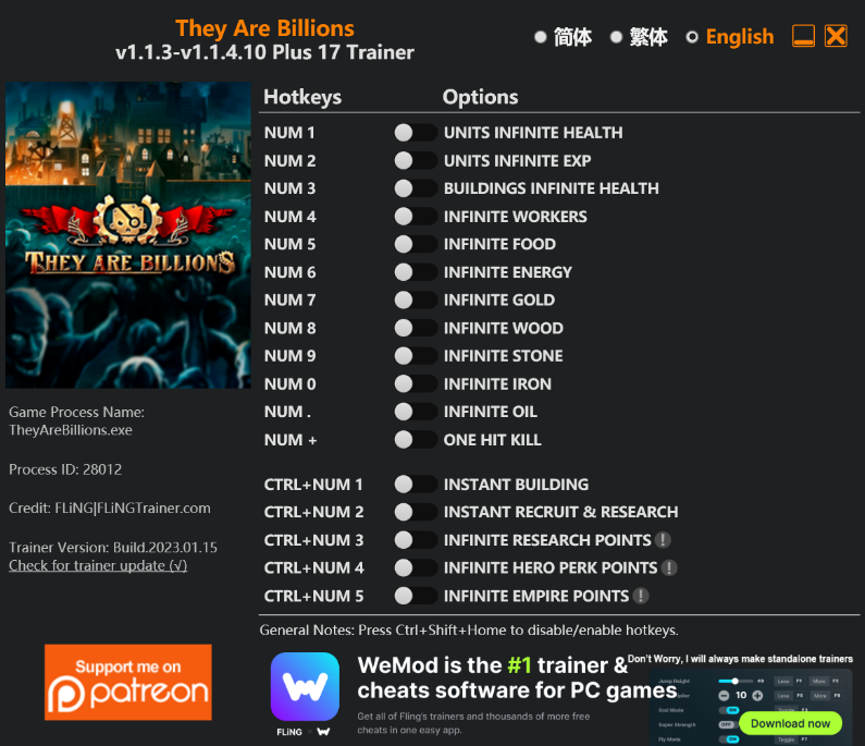  [트레이너] 한글판 데이 아 빌리언스 최신 트레이너 They Are Billions v1.1.3-v1.1.4.10 Plus 17 Trainer