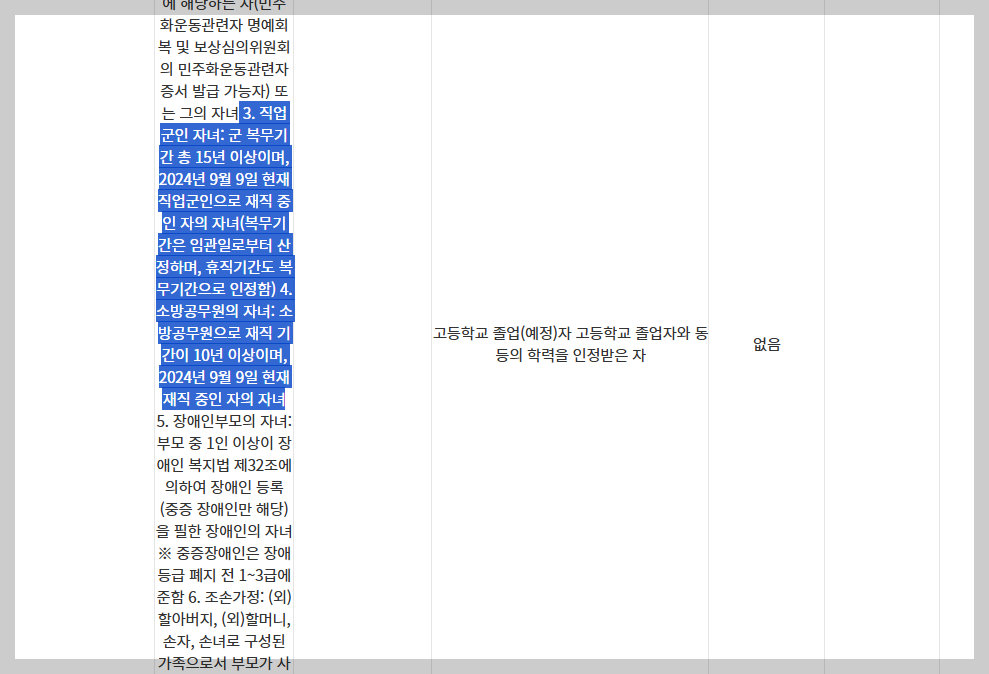 군자녀 사회배려자 전형 지원자격