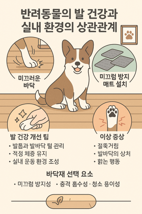 반려동물의 발 건강과 실내 환경의 관계를 설명하는 인포그래픽. 미끄러운 바닥, 미끄럼 방지 매트 설치, 발 건강 개선 팁, 이상 증상, 바닥재 선택 요소 등을 귀여운 강아지와 함께 일러스트로 표현한 따뜻한 색감의 이미지