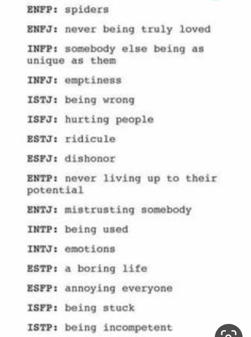  mbti 유형별 가장 두려워하는 것