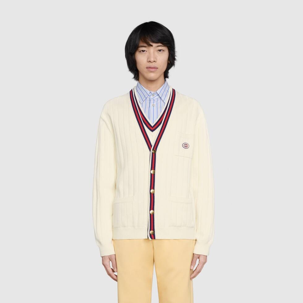  [GUCCI] 구찌 웹(Web) 디테일의 니트 코튼 V 넥 가디건 654984 XKBUR 9182