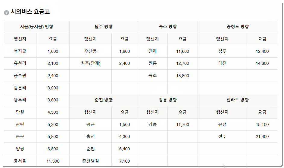 횡성 시외버스터미널 요금