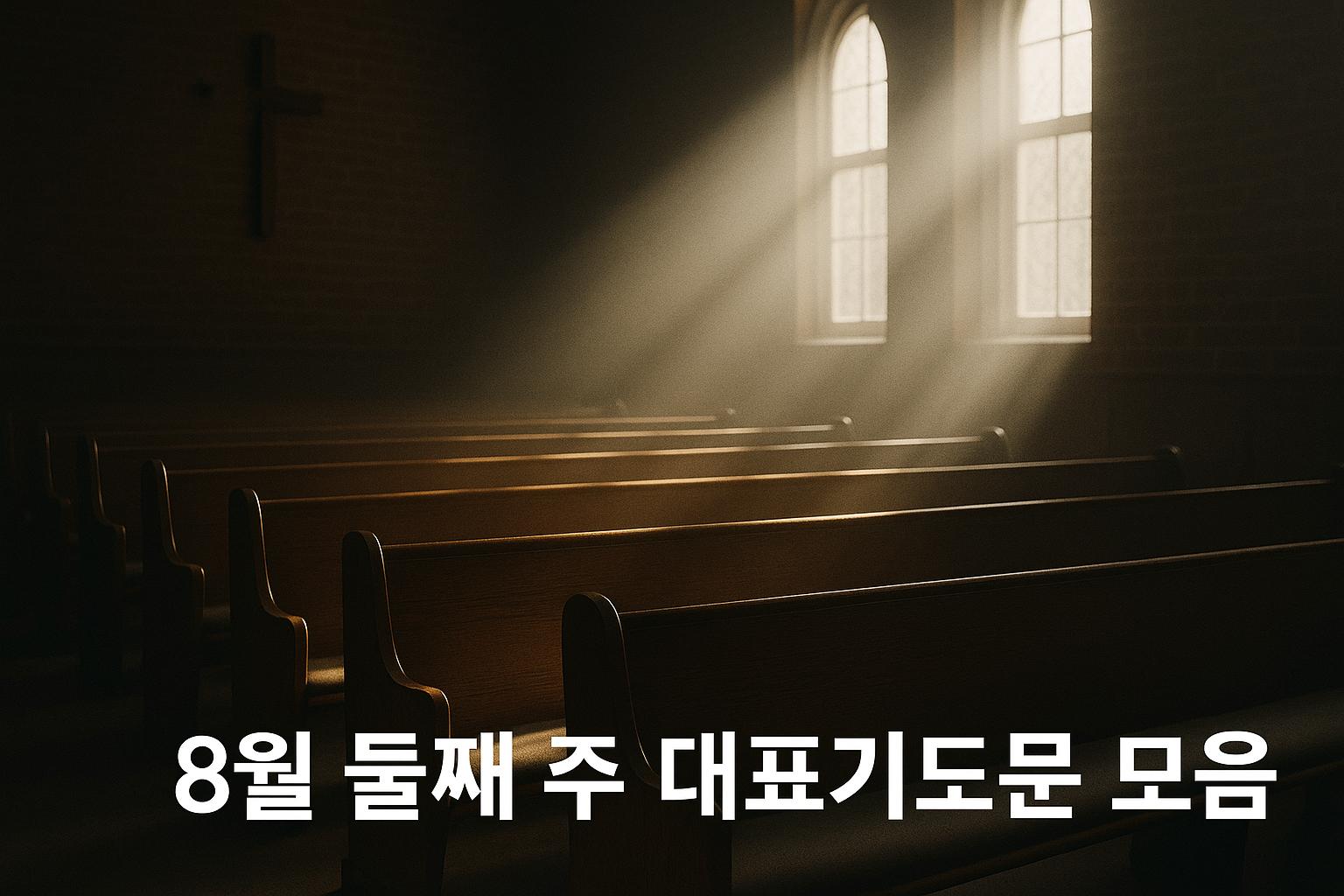 햇살이 창문 사이로 부드럽게 스며드는 고요한 예배당 내부. 빈 의자 위로 퍼지는 빛줄기가 하나님의 임재와 기다리심을 상징하며, 하단에는 &quot;8월 둘째 주 대표기도문 모음&quot;이라는 문구가 쓰여 있다.