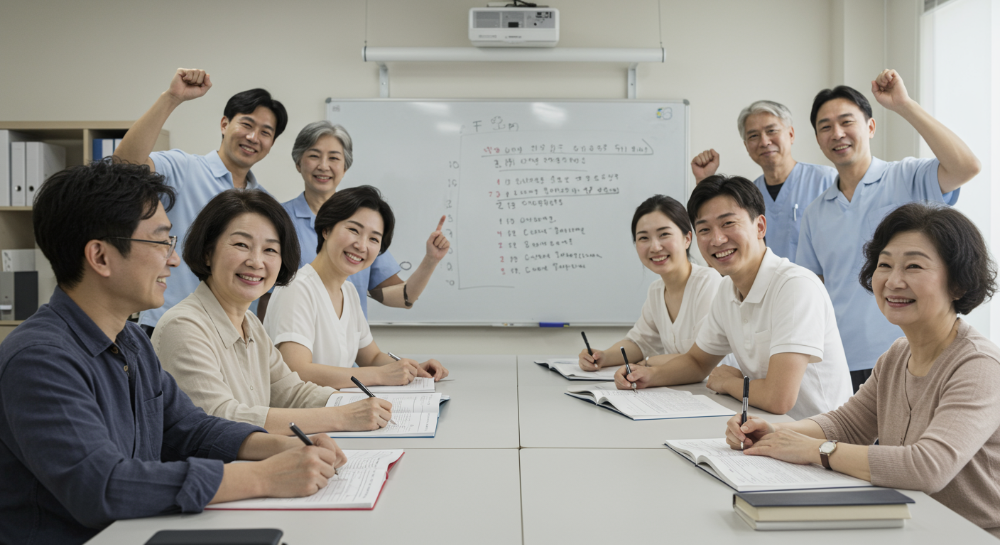 다양한 연령대의 사람들이 밝은 교실에서 요양보호사 교육을 받으며 웃고 있는 모습