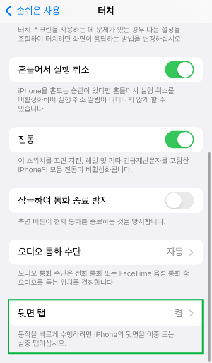 터치의 가장 하단에 있는 뒷면 탭 선택