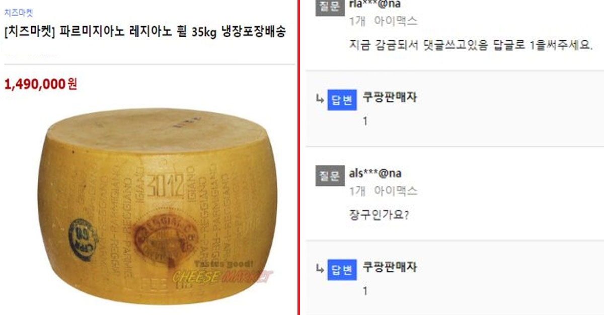  쿠팡에 파는 150만 원짜리 치즈와 상품문의 ㅋㅋㅋ