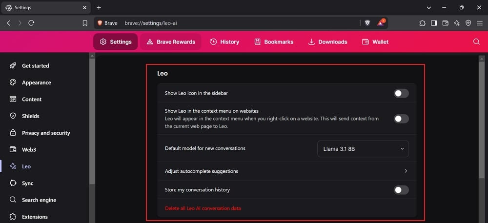 Brave 브라우저에서 Leo 비활성화