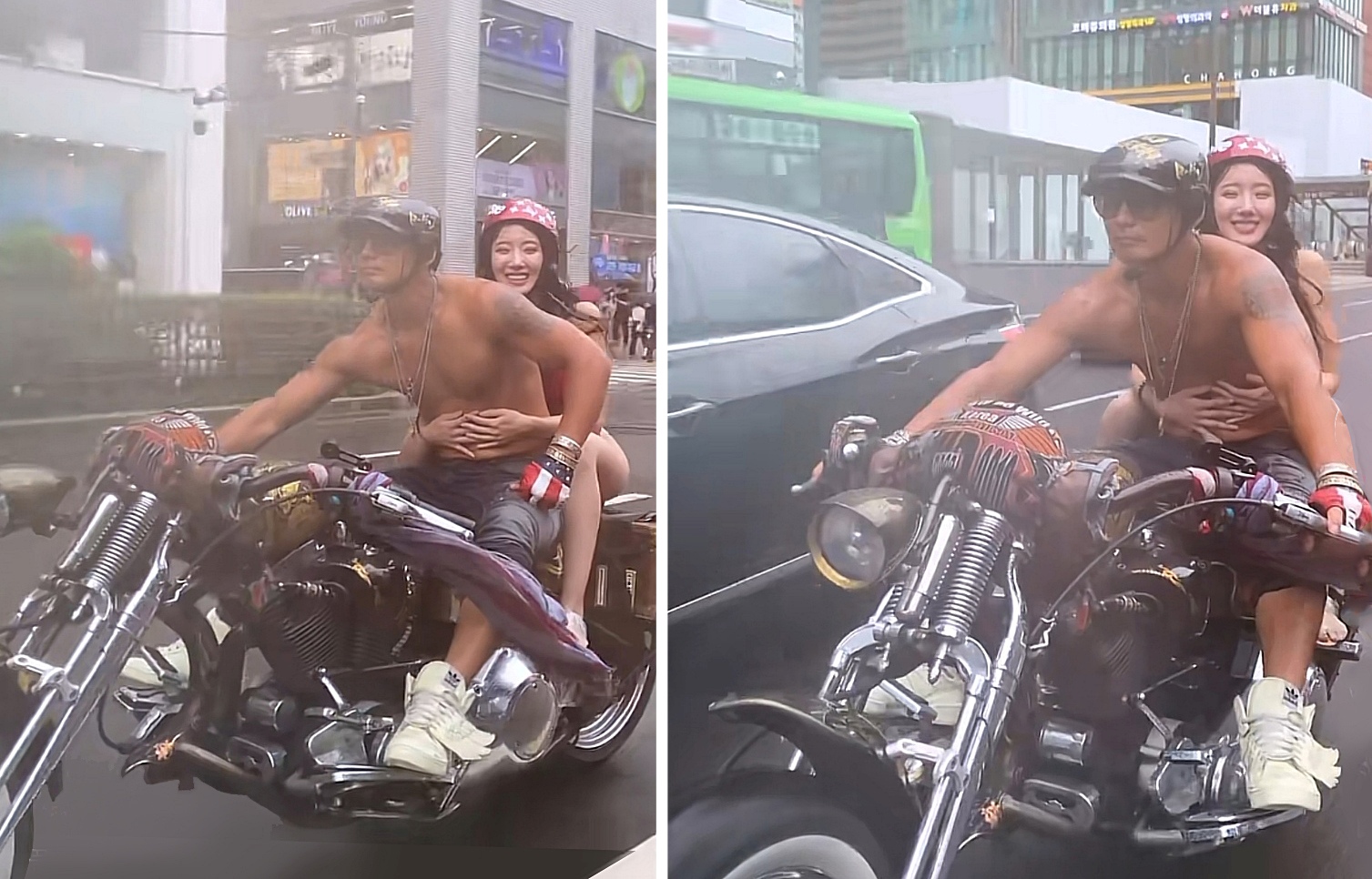  강남 한복판 크루저 바이크를 타고 즐기는 상의 탈 男과 비키니 女