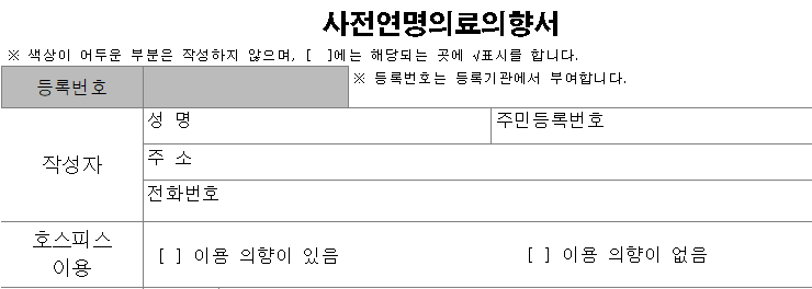 연명 치료 거부 사전 의향서 작성하는 곳