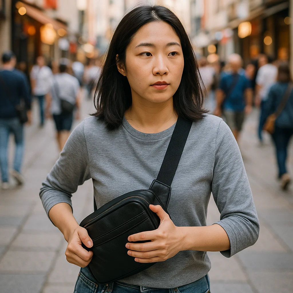 A Korean traveler securely holding a crossbody bag while walking through a busy foreign street