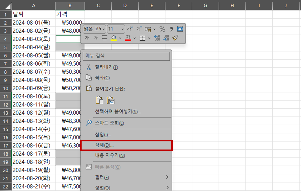 빈 셀의 우측을 클릭하면 나오는 창에서 삭제 항목에 마우스 커서를 올려 놓은 엑셀 화면