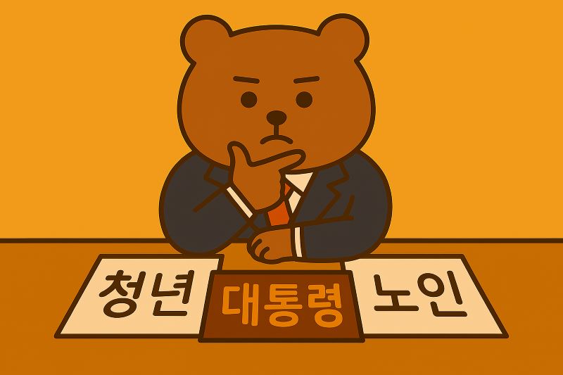 청년과 노인이라는 두 서류 사이에서 깊은 고민에 빠진 만화 스타일의 동물 캐릭터 대통령.