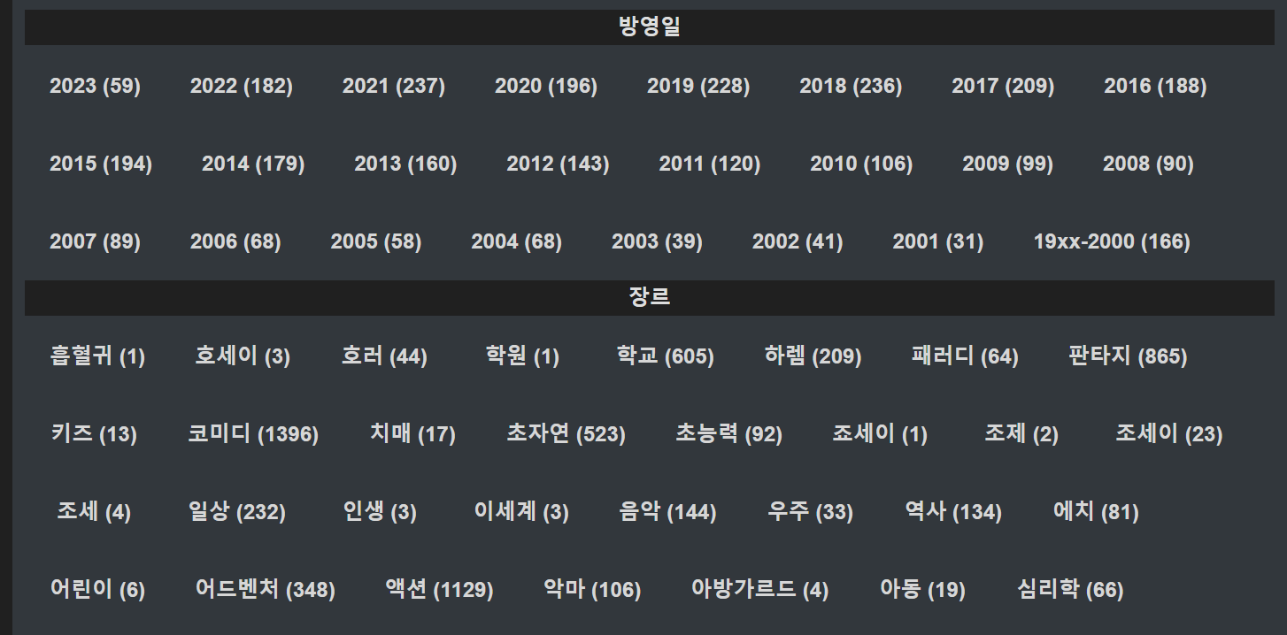 링크티비 장리와 연도별 애니 정리 리스트