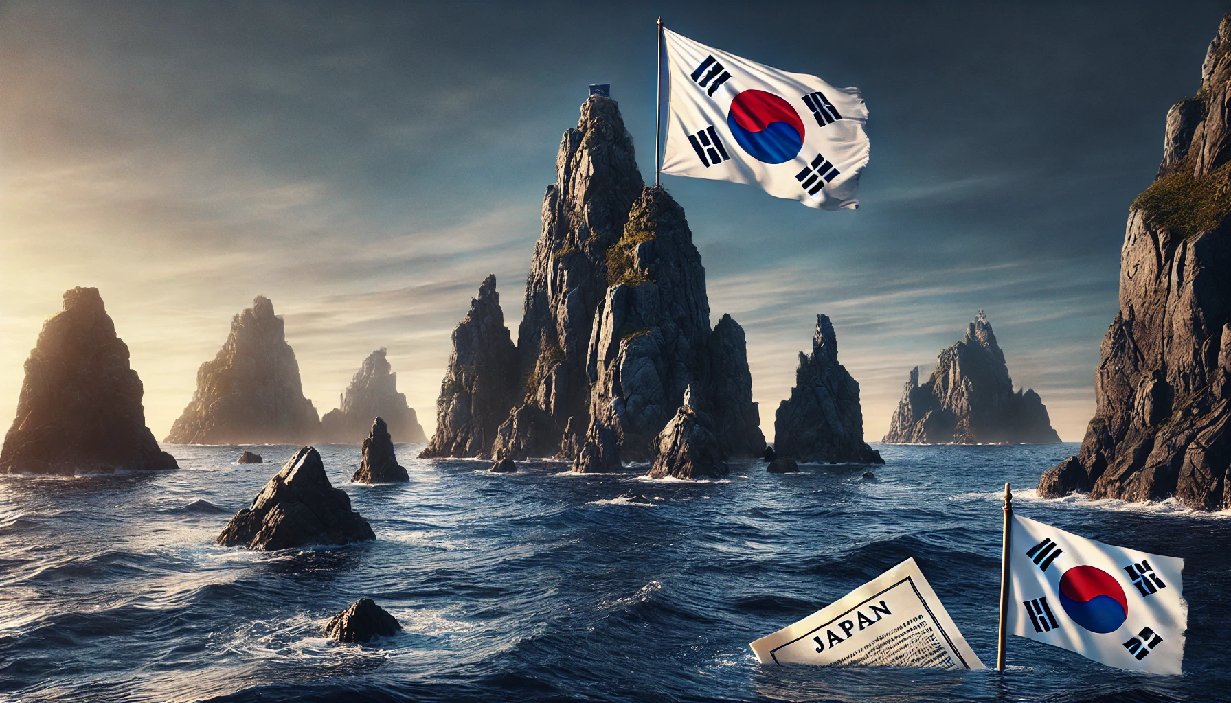 푸른 동해 위에 자리한 독도의 거친 바위섬 위로 태극기가 바람에 휘날리고 있으며, 바다에는 일본 외교문서를 상징하는 종이가 물에 젖어 떠내려가고 있는 모습. 대한민국의 독도에 대한 주권과 역사적 정당성을 상징적으로 표현한 장면