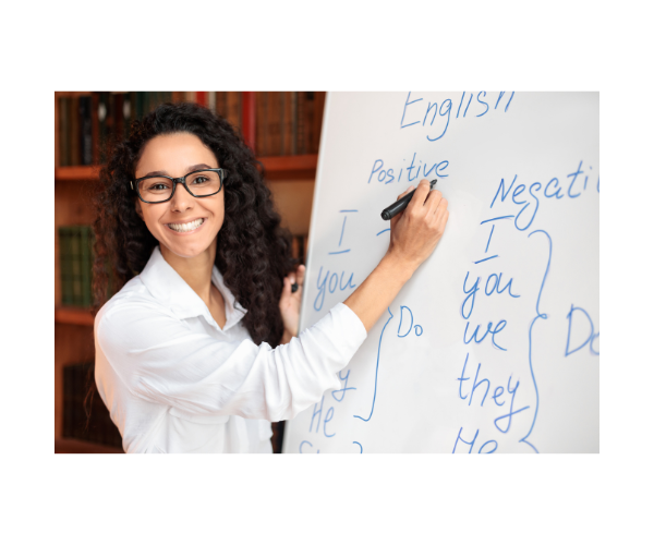 lady teacher-teaching-English- on the white board