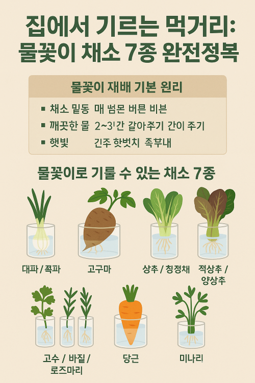 물꽂이로 기를 수 있는 채소 7종과 기본 재배 원리를 설명한 인포그래픽, 대파·고구마·상추·당근·허브류 등이 유리컵에 담긴 그림과 함께 구성됨