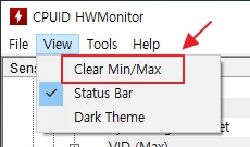 HWMonitor 프로그램의 상단 탭에서 &quot;View&quot;를 클릭하고&#44; 두 번째에 있는 &quot;Clear Min/Max&quot; 버튼의 위치를 표시한 사진입니다.