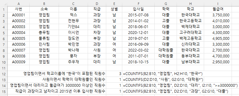 COUNTIFS 숫자 와일드카드 문자