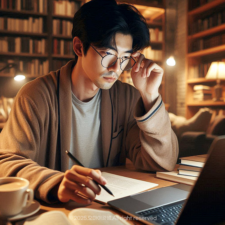 남성이 책상에 앉아 노트북을 보면서 집중하는 모습