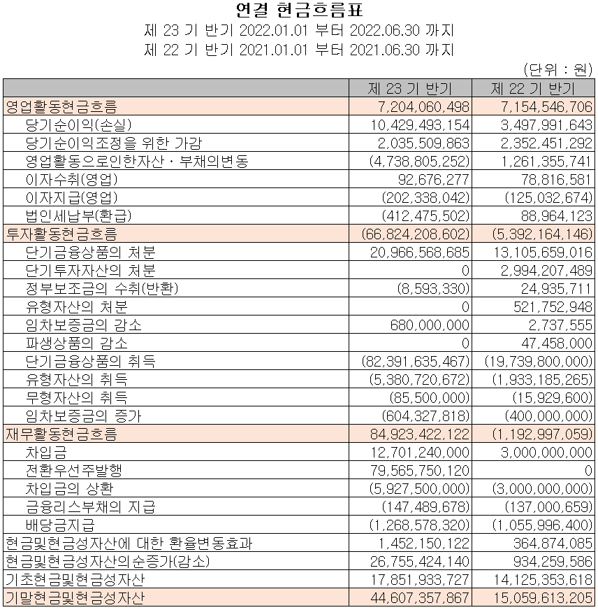 나노신소재 - 현금흐름표