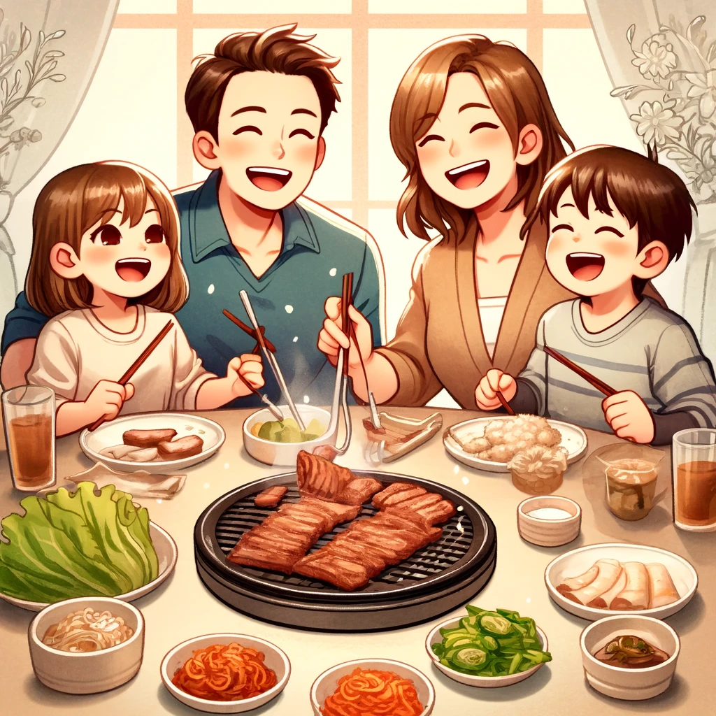 소고기를 구워 먹고 있는 가족들을 묘사한 그림