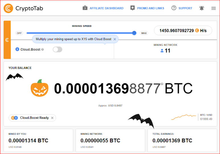  크립토탭(CryptoTab)을 통한 비트코인 채굴 현황(2021.11.01)