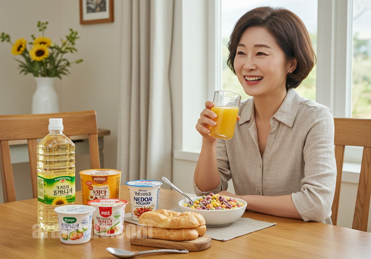 중년 여성이 염증 유발 음식을 먹는 모습