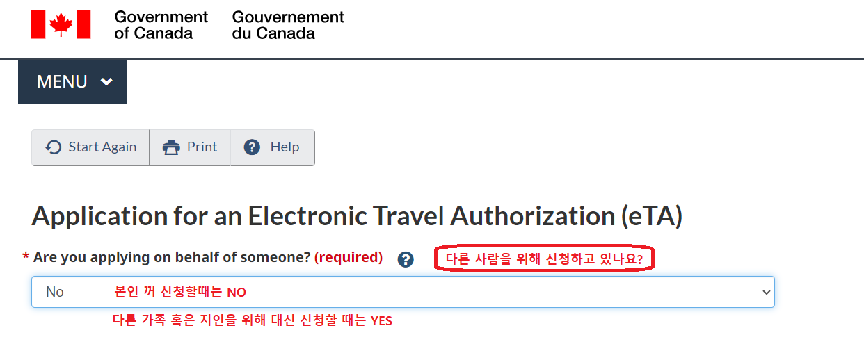 eTA신청중 &quot;다른사람을 위해 신청하고있나요?&quot; 질문