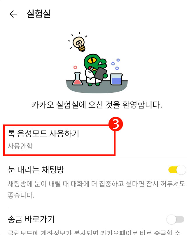 카톡 음성모드 설정 화면 캡처