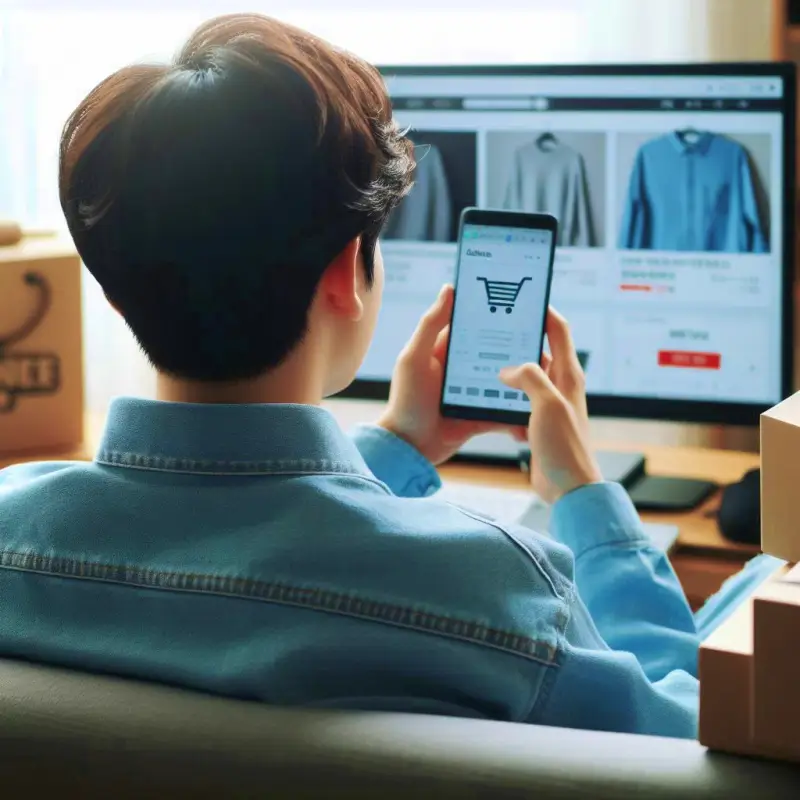 스마트폰으로 온라인 쇼핑을 하고 있는 한국 남자의 뒷 모습
