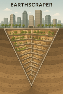 지상 도심과 연결된 역피라미드형 지하 빌딩 구조를 보여주는 Earthscraper 단면도. 각 층에는 공원, 주거 공간, 사무실이 배치되어 있으며 따뜻한 조명이 비추고 있다.