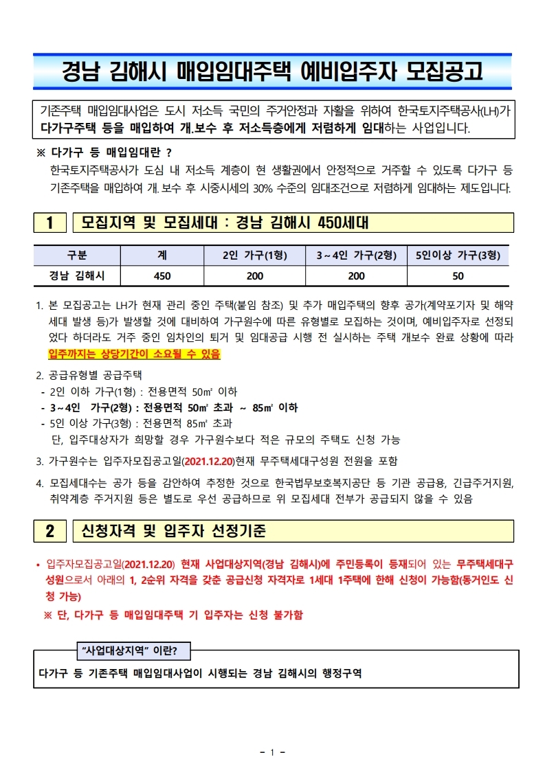  경남 김해시 매입임대주택 예비입주자 모집공고문