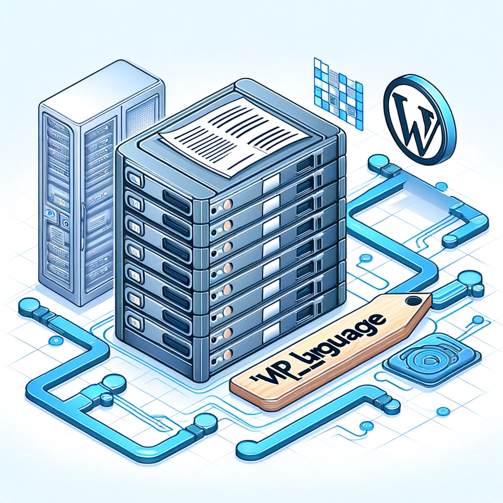 An illustrative image depicting the concept of a WordPress host server and the &#39;wp_language&#39; file.