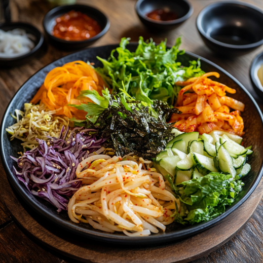 샐러드, 반찬 등 도라지를 활용한 전통 한식 접시로 기관지 건강을 위해 일상 식사에서 도라지가 어떻게 사용되는지 보여줍니다.