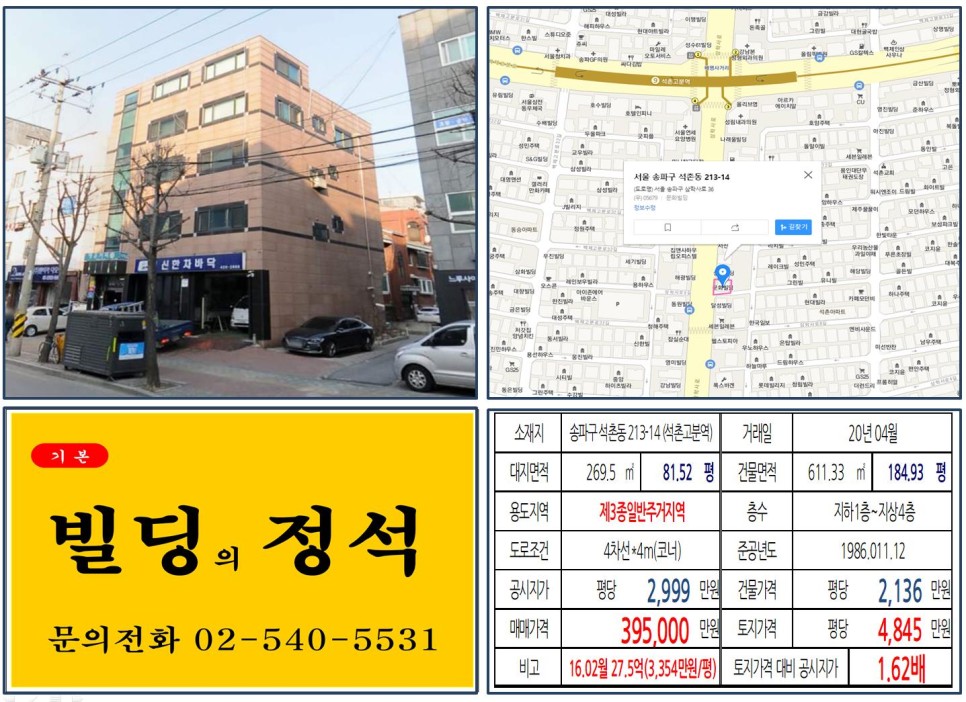  [송파구 삼학사로 대로변 코너 30억 꼬마빌딩 실거래가 조회] 석촌동 213-14 (석촌고분역) 39억 5,000만 원, 평당 4,845만 원 매매되었습니다.