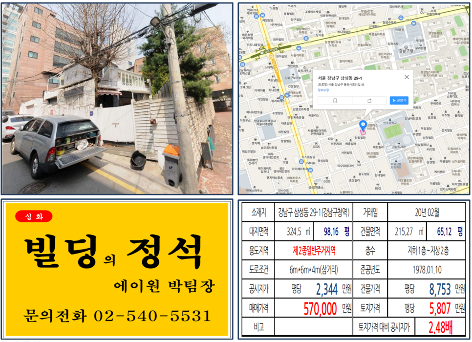  [강남구 강남구청역 신축부지 빌딩실거래가 조회] 삼성동 29-1 (강남구청역) 57억 원, 평당 5,807만 원, 사옥 및 임대수익용 빌딩 신축부지 삼거리위치 주택 매매