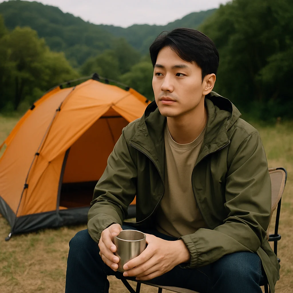 A young Korean man camping alone in front of an orange tent in nature.