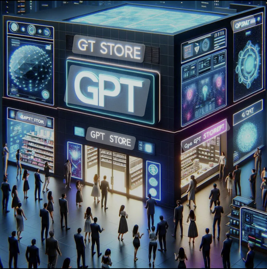 GPT-Store=수많은-Gpts-모여-큐브를-형성하여-미래의-새로운-가상스토어를-표현한-이미지