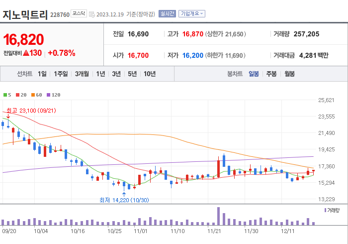 지노믹트리 3개월 주가(일봉)