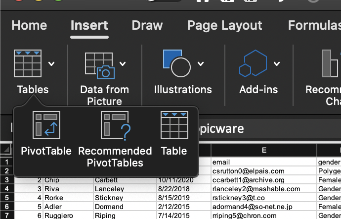 외쪽에 피벗테이블이 보입니다.