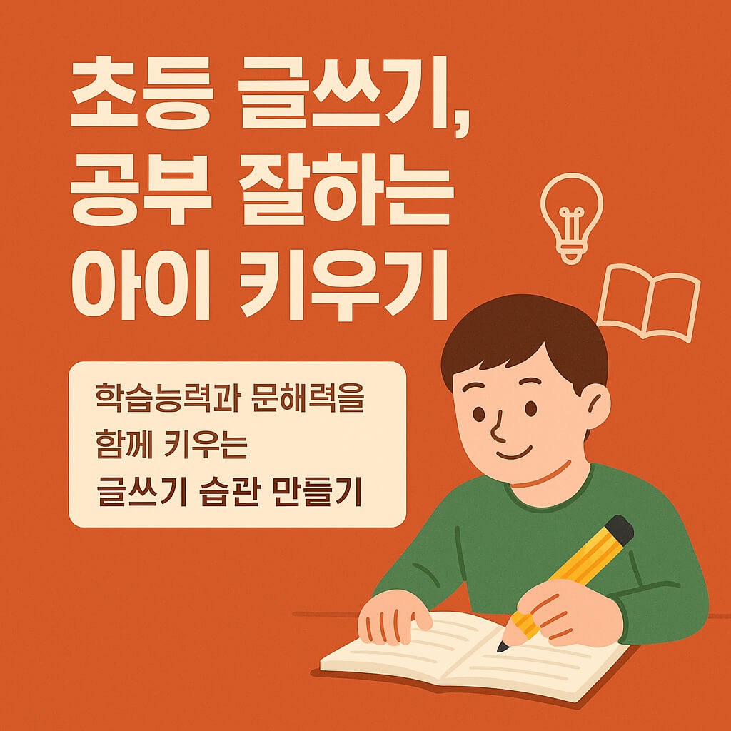 아이가 책상에 앉아 즐겁게 글을 쓰는 그림에 썸네일 이미지.